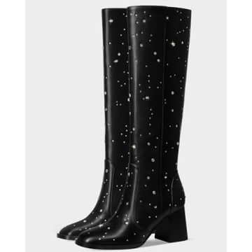MUCCCUTE Knee High Boots for Women with Rhinestone Design