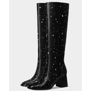 MUCCCUTE Knee High Boots for Women with Rhinestone Design