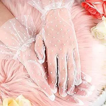 PENTA ANGEL Short Lace Gloves 1960s Vintage Classy Polka Dot Courtesy Tea Party Mesh Gloves for Bridal Women Wedding Halloween Costume (White)