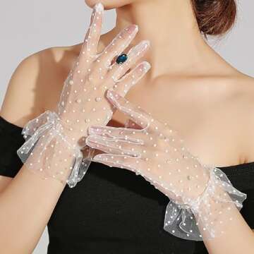 PENTA ANGEL Short Lace Gloves 1960s Vintage Classy Polka Dot Courtesy Tea Party Mesh Gloves for Bridal Women Wedding Halloween Costume (White)