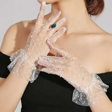 PENTA ANGEL Short Lace Gloves 1960s Vintage Classy Polka Dot Courtesy Tea Party Mesh Gloves for Bridal Women Wedding Halloween Costume (White)