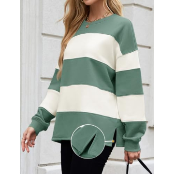 ZESICA Women's Fall Sweatshirt Tops Crewneck Long Sleeve Loose Oversized Striped Fleece Pullover 2025 Clothes,Green,Small