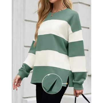 ZESICA Women's Fall Sweatshirt Tops Crewneck Long Sleeve Loose Oversized Striped Fleece Pullover 2025 Clothes,Green,Small