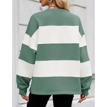 ZESICA Women's Fall Sweatshirt Tops Crewneck Long Sleeve Loose Oversized Striped Fleece Pullover 2025 Clothes,Green,Small