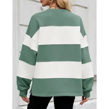 ZESICA Women's Fall Sweatshirt Tops Crewneck Long Sleeve Loose Oversized Striped Fleece Pullover 2025 Clothes,Green,Small