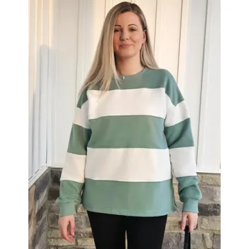 ZESICA Women's Fall Sweatshirt Tops Crewneck Long Sleeve Loose Oversized Striped Fleece Pullover 2025 Clothes,Green,Small