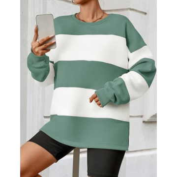 ZESICA Women's Fall Sweatshirt Tops Crewneck Long Sleeve Loose Oversized Striped Fleece Pullover 2025 Clothes,Green,Small