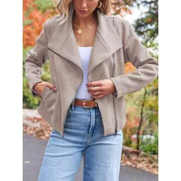 AUTOMET Womens Faux Leather Jackets Suede Fall Fashion 2025 Outfits Winter Clothes Open Front Cropped Coat Outwear Apricot L