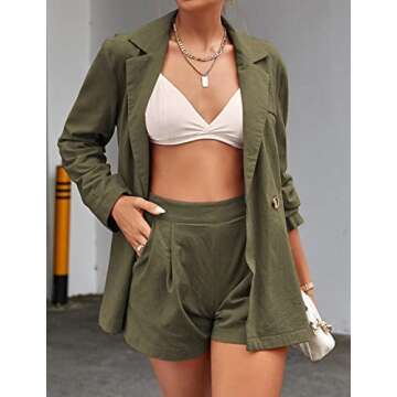 HOTOUCH Women's Casual Jacket 2 Piece Outfits Sets Long Sleeve Solid Shorts Suit Sets Split Back Coat Army Green S