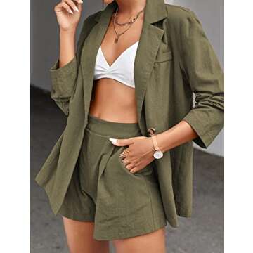 HOTOUCH Women's Casual Jacket 2 Piece Outfits Sets Long Sleeve Solid Shorts Suit Sets Split Back Coat Army Green S