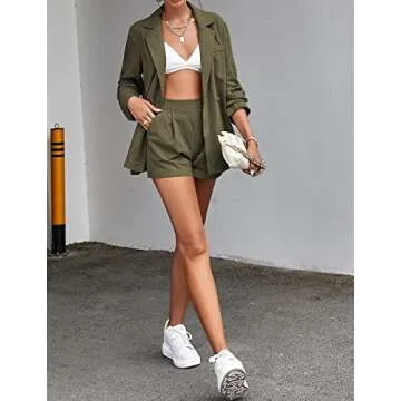 HOTOUCH Women's Casual Jacket 2 Piece Outfits Sets Long Sleeve Solid Shorts Suit Sets Split Back Coat Army Green S