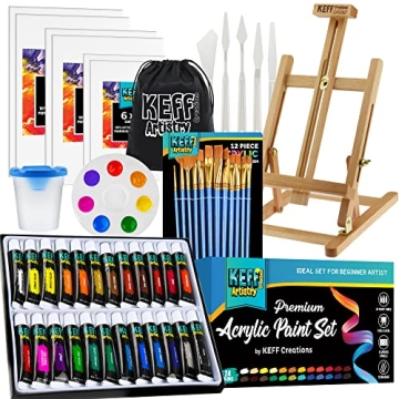 KEFF Acrylic Paint Set - Art Painting Kit for Adults & Kids with 24 Acrylic Paints, Wooden Easel, Ca...