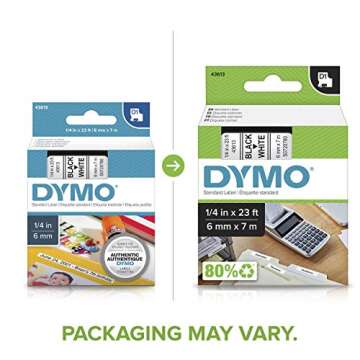 DYMO Standard D1 43613 Labels for LabelManager Label Makers, 1/4" W x 23' L, Black Print on White Tape, Self-Adhesive, 1 Cartridge