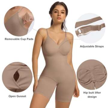 SHAPERX Women's Bra Free Bodysuits Tummy Control Shapewear Mid Thigh Body Shaper with Removable Pads,SZ5468-Sienna-L/XL