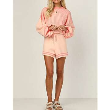 Gihuo Women' s Striped 2 Piece Outfits Crewneck Knit Pullover Sweater Shorts Set Wide Leg Matching Set Loungewear(Pink-XS)