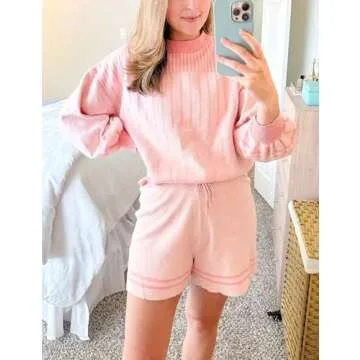 Gihuo Women' s Striped 2 Piece Outfits Crewneck Knit Pullover Sweater Shorts Set Wide Leg Matching Set Loungewear(Pink-XS)