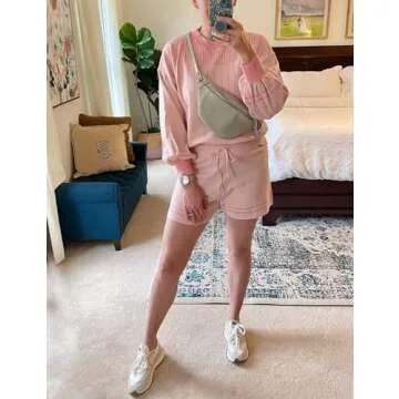 Gihuo Women' s Striped 2 Piece Outfits Crewneck Knit Pullover Sweater Shorts Set Wide Leg Matching Set Loungewear(Pink-XS)