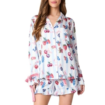 Fenghualzzniya Women Cute Christmas Pajamas 2 Piece Lounge Set Long Sleeve Shirts and Shorts Y2k Pajama Sets Sleepwear, Lacing Blue, Small