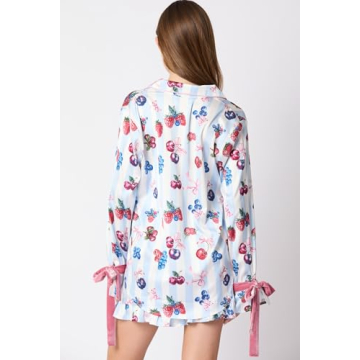 Fenghualzzniya Women Cute Christmas Pajamas 2 Piece Lounge Set Long Sleeve Shirts and Shorts Y2k Pajama Sets Sleepwear, Lacing Blue, Small