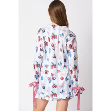 Fenghualzzniya Women Cute Christmas Pajamas 2 Piece Lounge Set Long Sleeve Shirts and Shorts Y2k Pajama Sets Sleepwear, Lacing Blue, Small