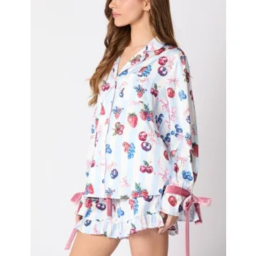 Fenghualzzniya Women Cute Christmas Pajamas 2 Piece Lounge Set Long Sleeve Shirts and Shorts Y2k Pajama Sets Sleepwear, Lacing Blue, Small