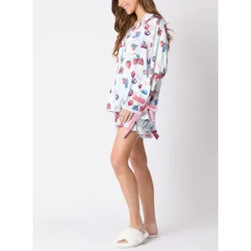 Fenghualzzniya Women Cute Christmas Pajamas 2 Piece Lounge Set Long Sleeve Shirts and Shorts Y2k Pajama Sets Sleepwear, Lacing Blue, Small