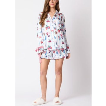 Fenghualzzniya Women Cute Christmas Pajamas 2 Piece Lounge Set Long Sleeve Shirts and Shorts Y2k Pajama Sets Sleepwear, Lacing Blue, Small