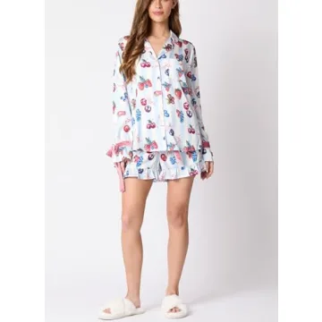 Fenghualzzniya Women Cute Christmas Pajamas 2 Piece Lounge Set Long Sleeve Shirts and Shorts Y2k Pajama Sets Sleepwear, Lacing Blue, Small