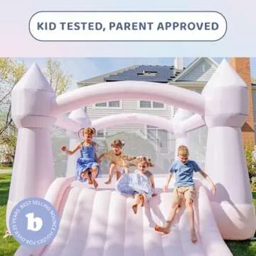 Bounceland Party Castle DayDreamer Cotton Candy Bounce House, 16.4 ft L x 13.1 ft W x 9.3 ft H, Basketball Hoop, UL Blower included, Trendy Pastel Color, Fun Slide & Bounce Area, Castle Theme for Kids