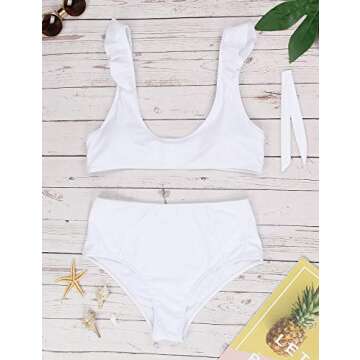 Blooming Jelly Women's High Waisted Bikini Ruffle Flounce Tie Knot Two Piece Swimsuits(White,S)
