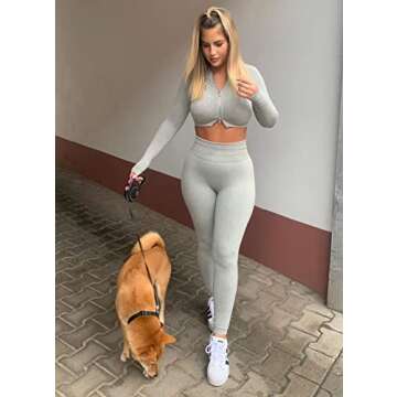 OLCHEE Women’s 2 Piece Seamless Acid Wash Workout Outfits High Waist Yoga Leggings with Long Sleeve Zipper Crop Top Gym Clothes Set - Green Size S