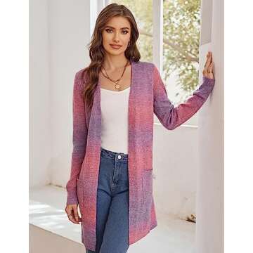 GRACE KARIN Womens Rainbow Sweater Open Front Lavender Haze Outfit Long Sleeve Cardigan with Pockets