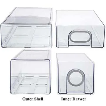 6 PCS Refrigerator Drawer Organizer, Fridge Organizers and Storage Clear, Plastic Storage Drawers - BPA Free Plastic Storage Drawers (Grey Handle, 3 Drawers And 3 Cubes)