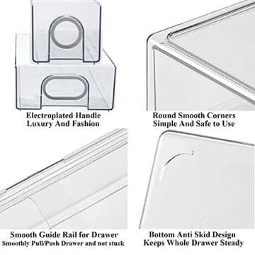 6 PCS Refrigerator Drawer Organizer, Fridge Organizers and Storage Clear, Plastic Storage Drawers - BPA Free Plastic Storage Drawers (Grey Handle, 3 Drawers And 3 Cubes)