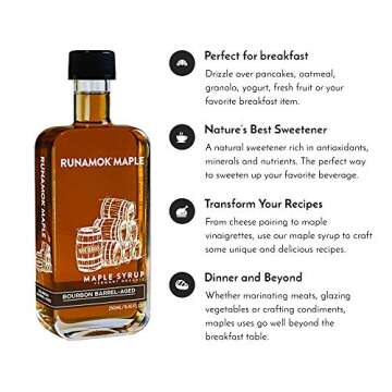 Runamok Organic Bourbon Barrel Aged Maple Syrup - Vermont Maple Syrup, Pure Maple Syrup for Cocktails, Cheese Pairing & Perfect To Be Used As Pancake Syrup, Maple Syrup Organic | 8.45 Fl Oz (250mL)