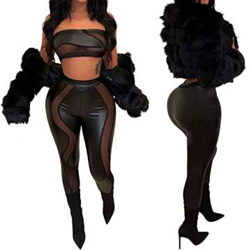 Uni Clau Women's Sexy Sheer Mesh Two Piece Jumpsuits See Through Tube Crop Top PU Leather Skinny Long Pants Club Romper Black L