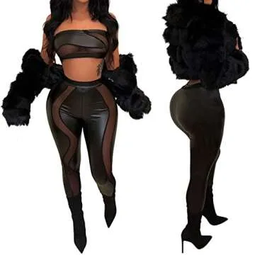 Uni Clau Women's Sexy Sheer Mesh Two Piece Jumpsuits See Through Tube Crop Top PU Leather Skinny Long Pants Club Romper Black L