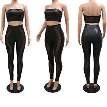 Uni Clau Women's Sexy Sheer Mesh Two Piece Jumpsuits See Through Tube Crop Top PU Leather Skinny Long Pants Club Romper Black L