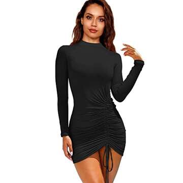 BEAGIMEG Women's Sexy Long Sleeve High Neck Ruched Bodycon Mini Party Dress Black