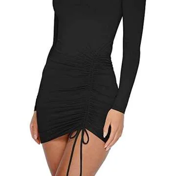 BEAGIMEG Women's Sexy Long Sleeve High Neck Ruched Bodycon Mini Party Dress Black