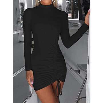 BEAGIMEG Women's Sexy Long Sleeve High Neck Ruched Bodycon Mini Party Dress Black