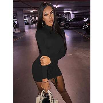 BEAGIMEG Women's Sexy Long Sleeve High Neck Ruched Bodycon Mini Party Dress Black