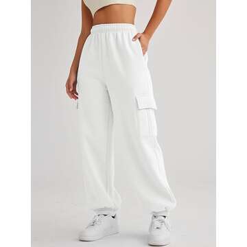 AUTOMET Womens Cargo Sweatpants Cinch Bottom Lounge Baggy Cotton Pants Joggers High Waist Fall Athletic Pant with Pockets White S