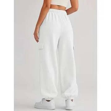 AUTOMET Womens Cargo Sweatpants Cinch Bottom Lounge Baggy Cotton Pants Joggers High Waist Fall Athletic Pant with Pockets White S