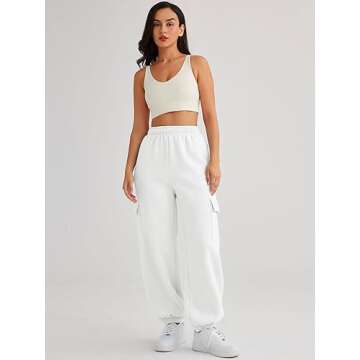 AUTOMET Womens Cargo Sweatpants Cinch Bottom Lounge Baggy Cotton Pants Joggers High Waist Fall Athletic Pant with Pockets White S