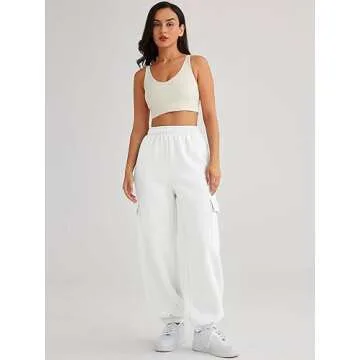 AUTOMET Womens Cargo Sweatpants Cinch Bottom Lounge Baggy Cotton Pants Joggers High Waist Fall Athletic Pant with Pockets White S