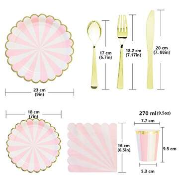 8 Guests Pink Striped with Gold Rim Disposable Partyware Dinner Set - 9" & 7" Plates, Paper Cups, Table Napkins , and Gold Plating Cutlery Set