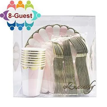 8 Guests Pink Striped with Gold Rim Disposable Partyware Dinner Set - 9" & 7" Plates, Paper Cups, Table Napkins , and Gold Plating Cutlery Set