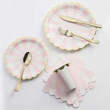 8 Guests Pink Striped with Gold Rim Disposable Partyware Dinner Set - 9" & 7" Plates, Paper Cups, Table Napkins , and Gold Plating Cutlery Set