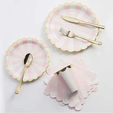 8 Guests Pink Striped with Gold Rim Disposable Partyware Dinner Set - 9" & 7" Plates, Paper Cups, Table Napkins , and Gold Plating Cutlery Set